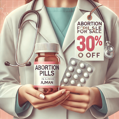 A doctor holding a bottle labeled "Abortion Pills for Sale in Ajman" with a visible discount tag showing "30% Off", surrounded by medical elements like a stethoscope.