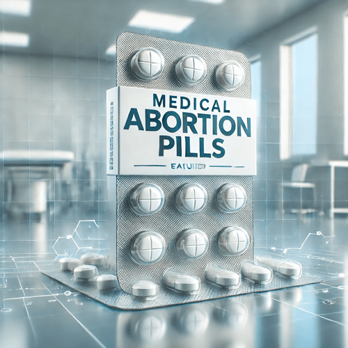 Medical abortion pills in a clinical setting, representing safe and professional care.