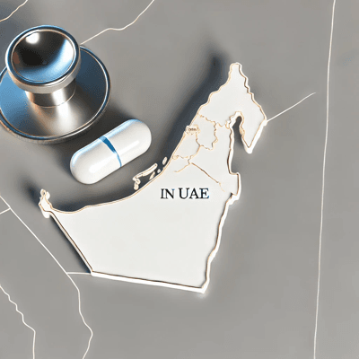 A professional image showing a map of the UAE with medical symbols like a stethoscope and a pill bottle, representing abortion in UAE.